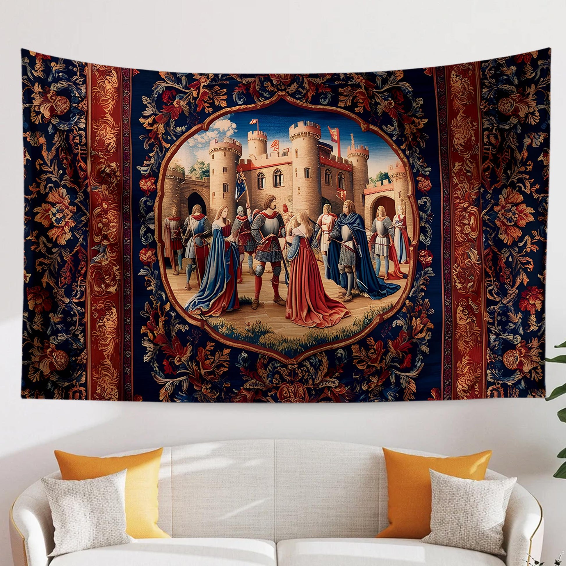 Medieval Castle Wall Tapestry in Red Burgundy – European Princess Castle Decor for Bedroom & Living Room