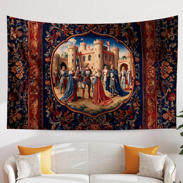 Medieval Castle Wall Tapestry in Red Burgundy – European Princess Castle Decor for Bedroom & Living Room