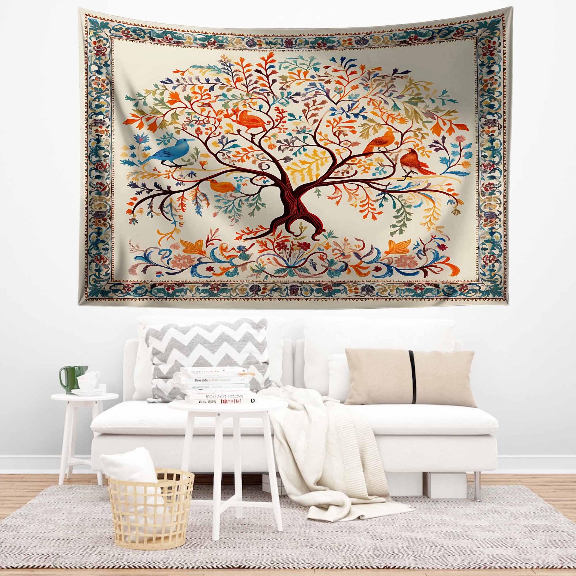 Colorful Tree of Life Tapestry Wall Hanging with Floral & Birds Design, Boho Home Decor, Nature-Inspired Art, Bedroom Living Room Accent