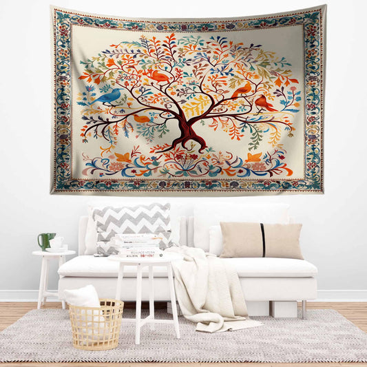 Colorful Tree of Life Tapestry Wall Hanging with Floral & Birds Design, Boho Home Decor, Nature-Inspired Art, Bedroom Living Room Accent