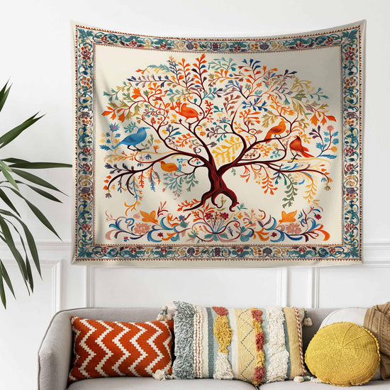 Colorful Tree of Life Tapestry Wall Hanging with Floral & Birds Design, Boho Home Decor, Nature-Inspired Art, Bedroom Living Room Accent
