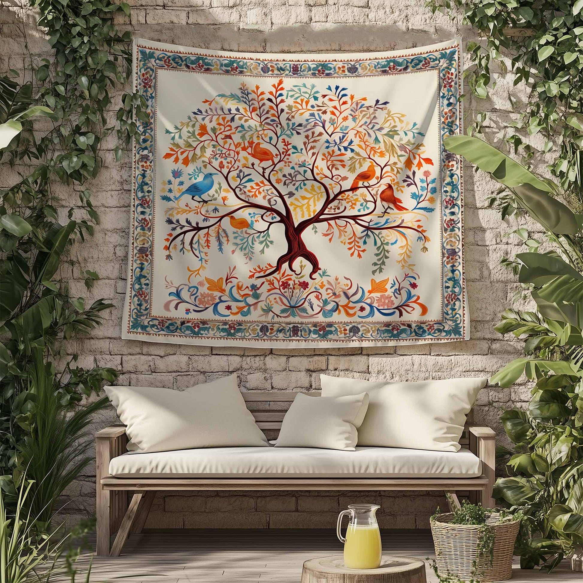 Colorful Tree of Life Tapestry Wall Hanging with Floral & Birds Design, Boho Home Decor, Nature-Inspired Art, Bedroom Living Room Accent