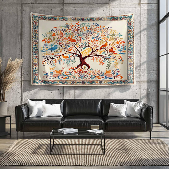 Colorful Tree of Life Tapestry Wall Hanging with Floral & Birds Design, Boho Home Decor, Nature-Inspired Art, Bedroom Living Room Accent