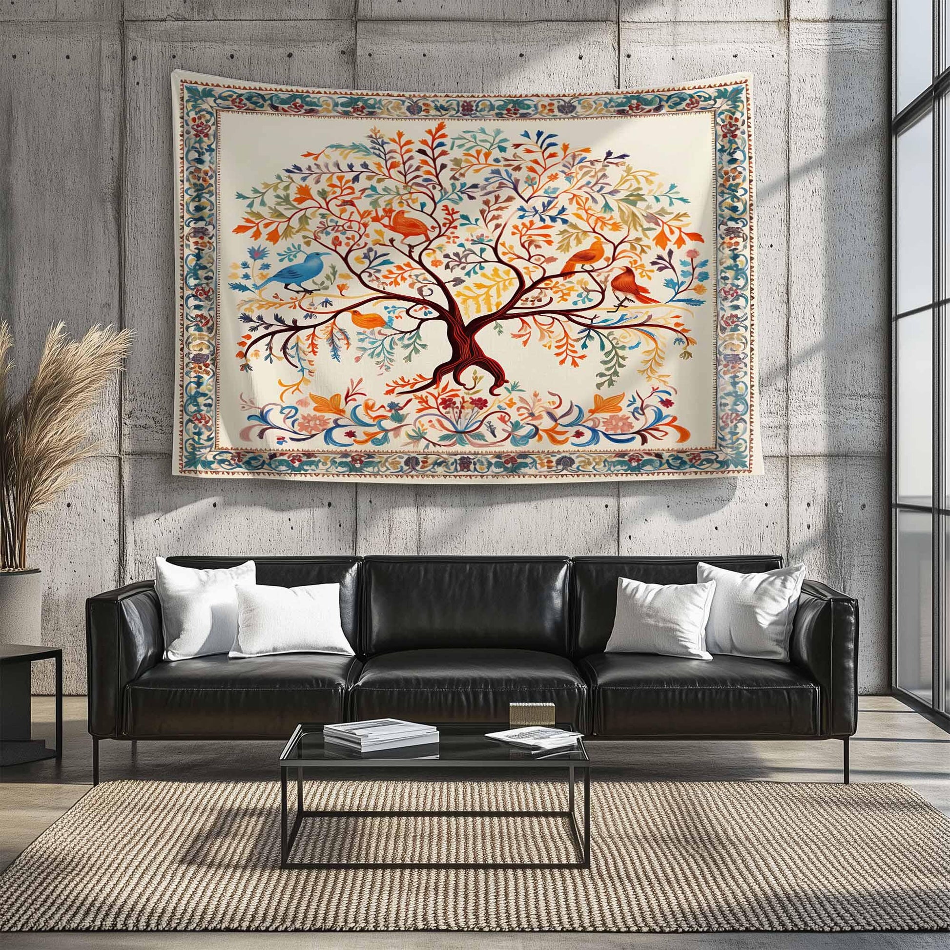 Colorful Tree of Life Tapestry Wall Hanging with Floral & Birds Design, Boho Home Decor, Nature-Inspired Art, Bedroom Living Room Accent