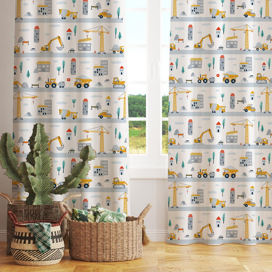 Road Construction Vehicles Kids Curtains with Pillowcase – Crane Bulldozer Excavator Nursery Rod Pocket Curtain for Boys Room, Custom Sizes