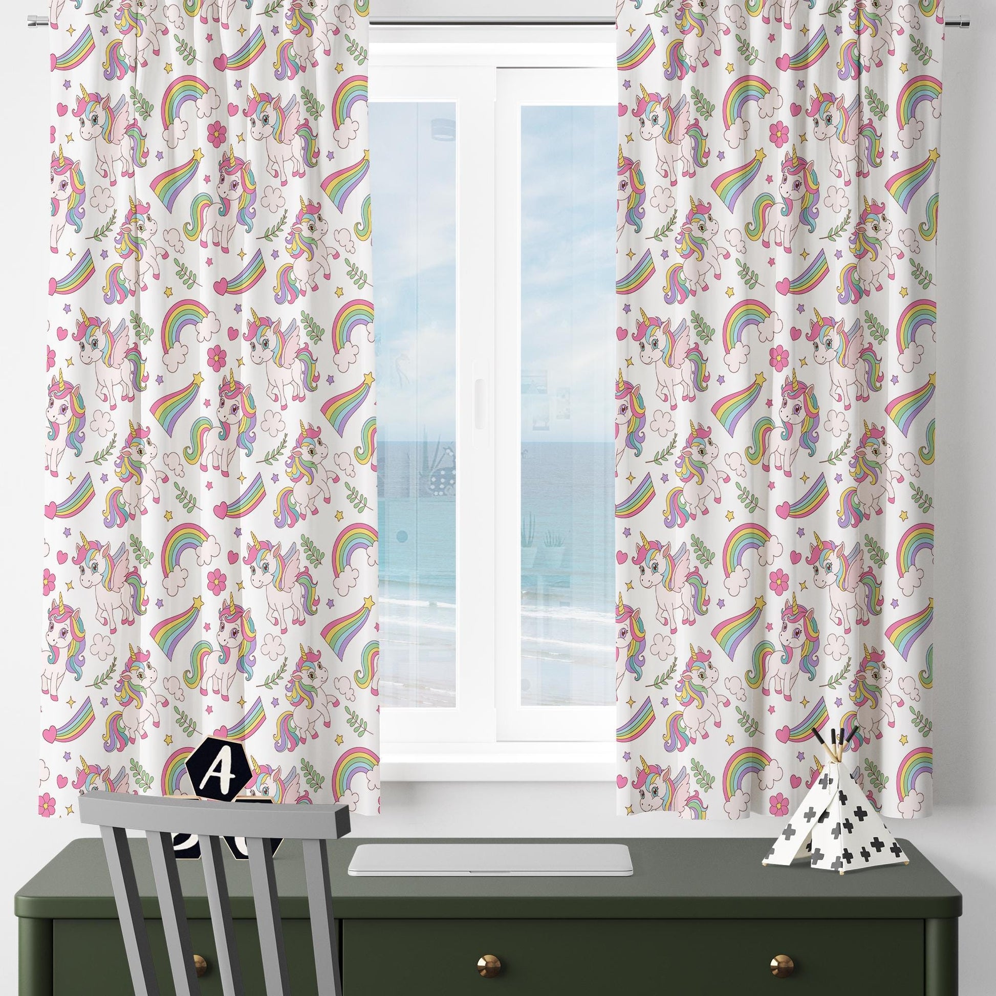 Pink Unicorn Kids Curtains with Pillowcase, Custom Sizes, Girls Bedroom Window Drapes, Magical Horse Themed Room Decor