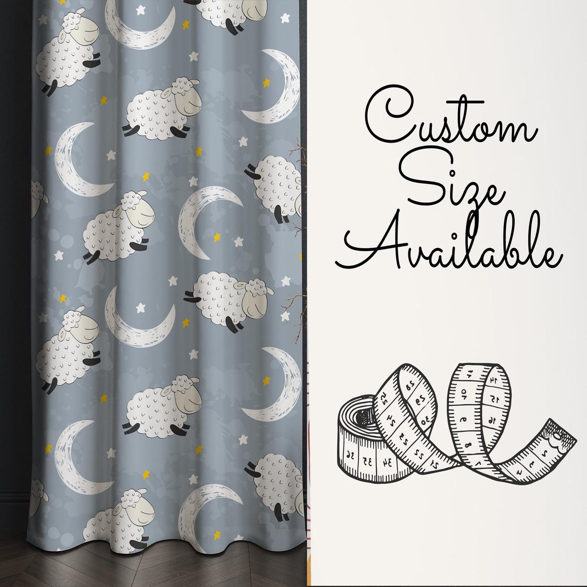 Kids Nursery Curtains with Gray White Moon Stars Sheep Lamb Design & Gift Pillowcase, Custom Sizes, Cozy Child Room Decor