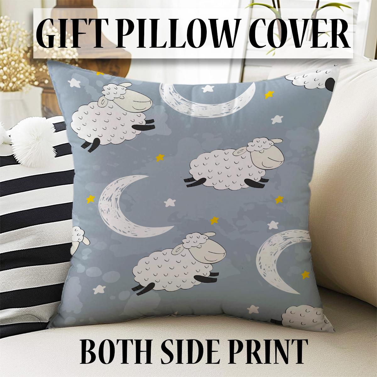 Kids Nursery Curtains with Gray White Moon Stars Sheep Lamb Design & Gift Pillowcase, Custom Sizes, Cozy Child Room Decor