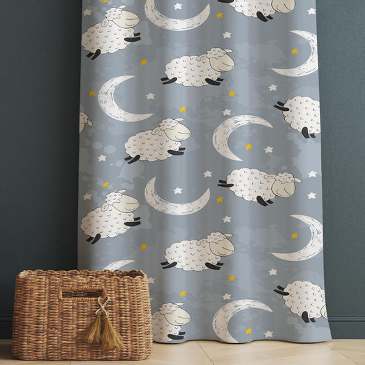 Kids Nursery Curtains with Gray White Moon Stars Sheep Lamb Design & Gift Pillowcase, Custom Sizes, Cozy Child Room Decor