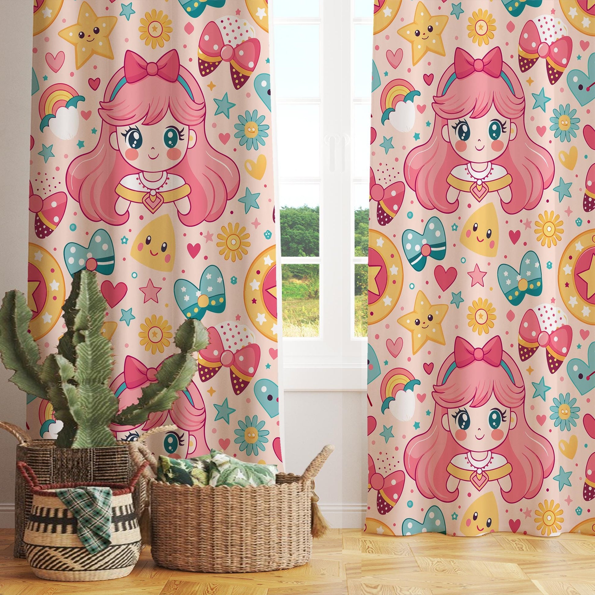Pink Princess Nursery Curtain for Girls Room - Custom Size Anime Kids Colorful Window Drapes & Kids Room Decor