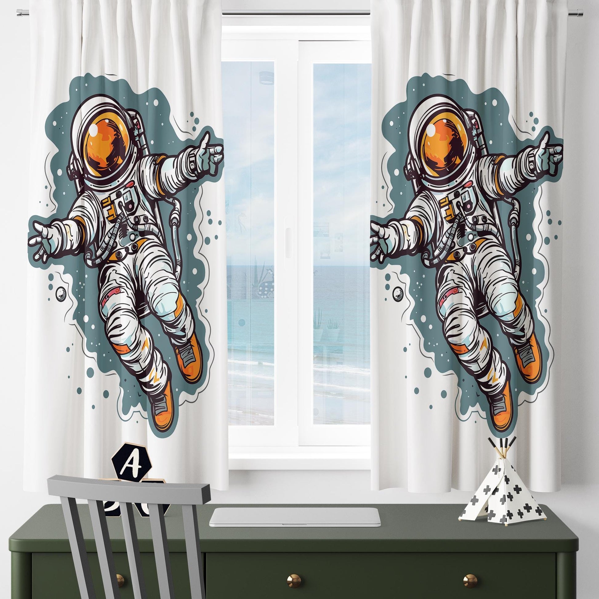 Space Astronaut Theme Curtains Custom Size | Kids Room Decor, Space Explorer Window Drapes, Outer Space Nursery Curtains