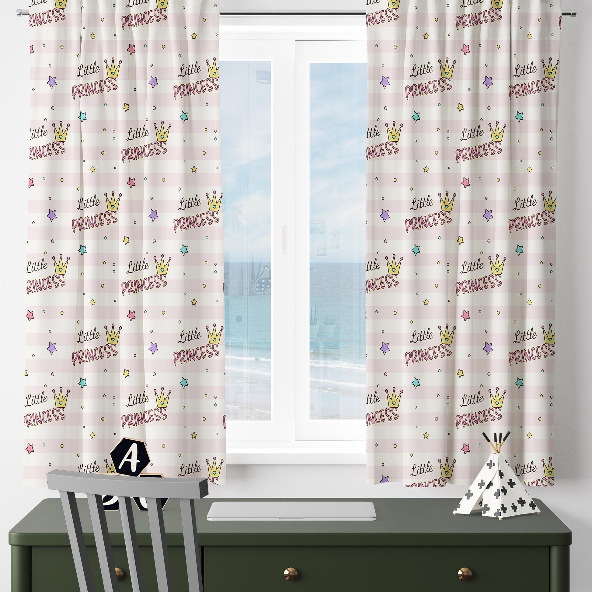 Kids Room Curtain Little Princess Crown Stars Pink Lines, Custom Size Window Drapes for Girls Nursery Decor