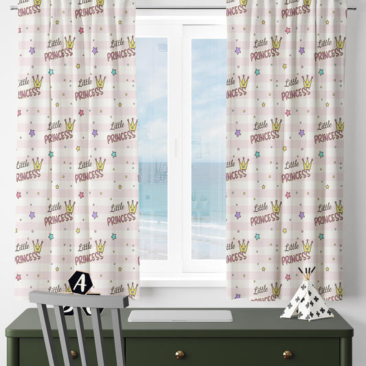Kids Room Curtain Little Princess Crown Stars Pink Lines, Custom Size Window Drapes for Girls Nursery Decor