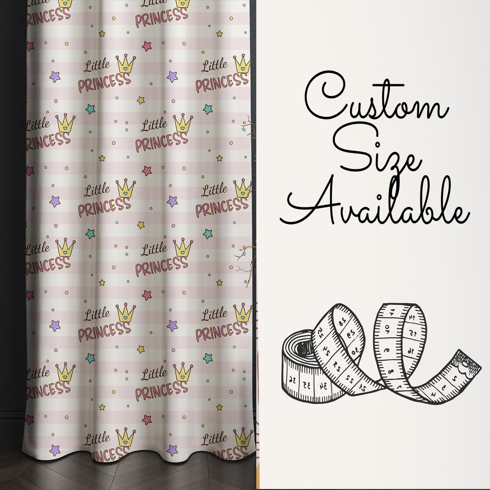 Kids Room Curtain Little Princess Crown Stars Pink Lines, Custom Size Window Drapes for Girls Nursery Decor