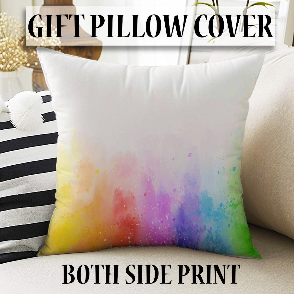 Rainbow Nursery Curtains for Girls Kids, Custom Size Window Drapes & Matching Gift Pillow Case, Colorful Watercolor Kids Room Decor