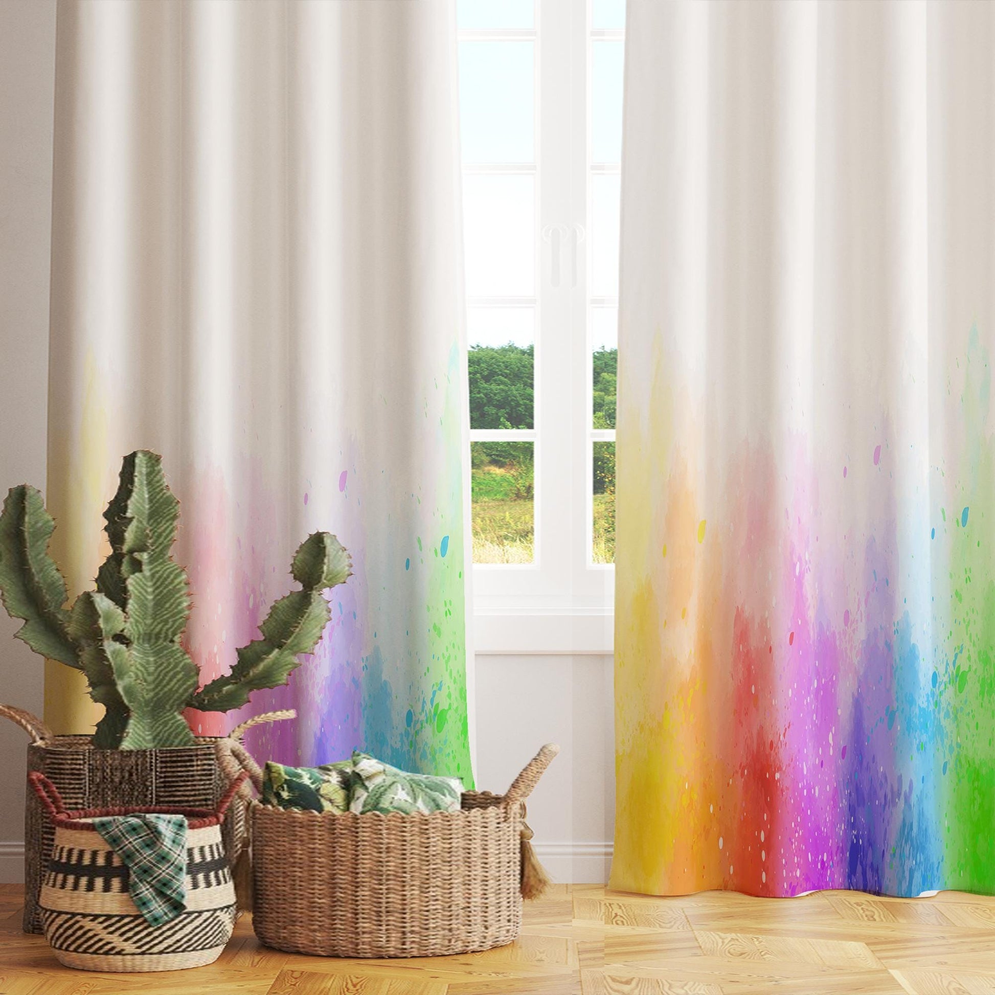 Rainbow Nursery Curtains for Girls Kids, Custom Size Window Drapes & Matching Gift Pillow Case, Colorful Watercolor Kids Room Decor