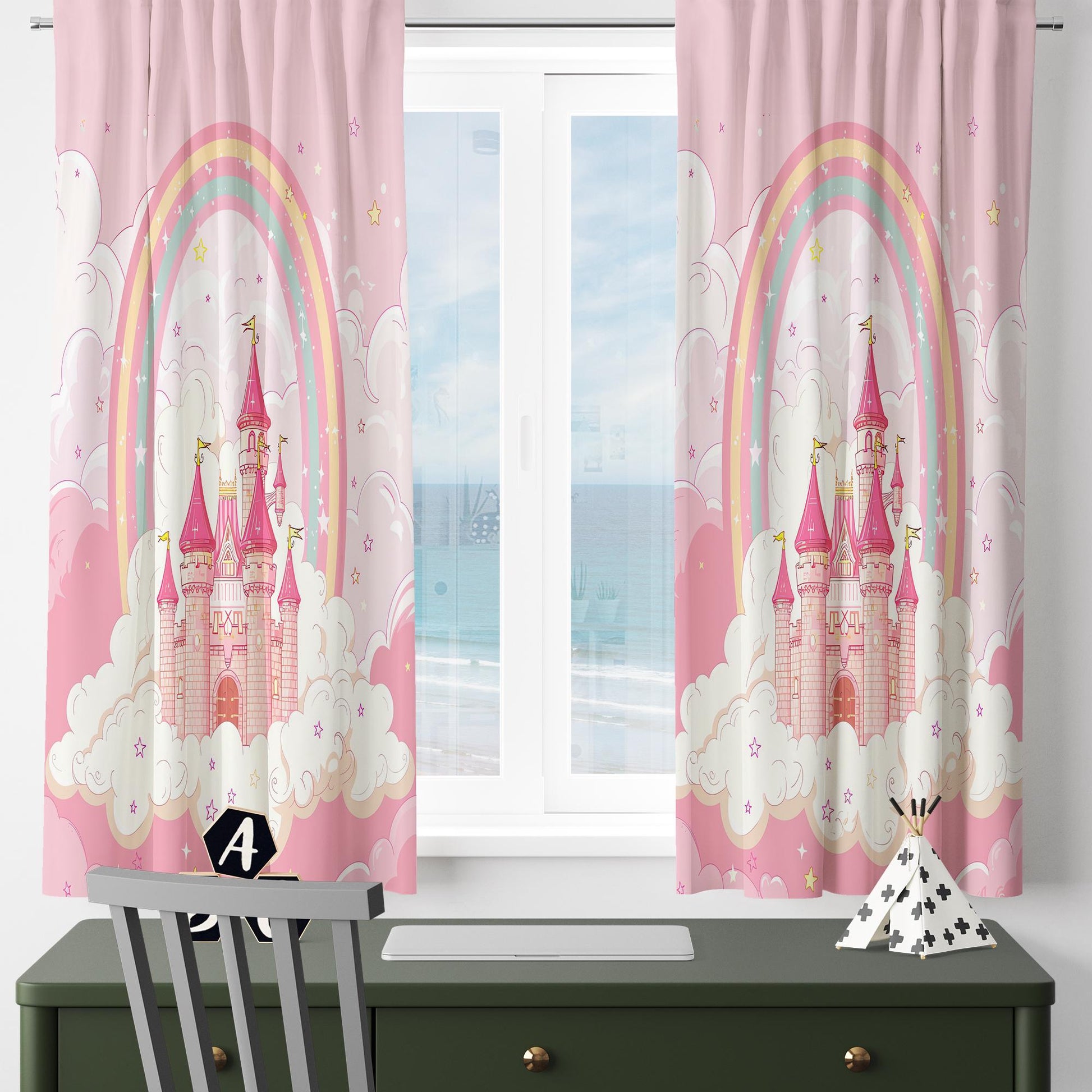 Pink Princess Castle Curtains for Girls Bedroom, Custom Size Window Drapes with Rainbow Design, Nursery Decor & Gift Pillow Case