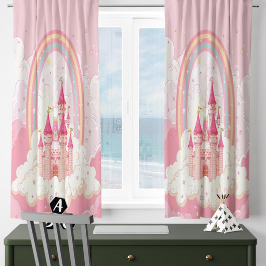 Pink Princess Castle Curtains for Girls Bedroom, Custom Size Window Drapes with Rainbow Design, Nursery Decor & Gift Pillow Case