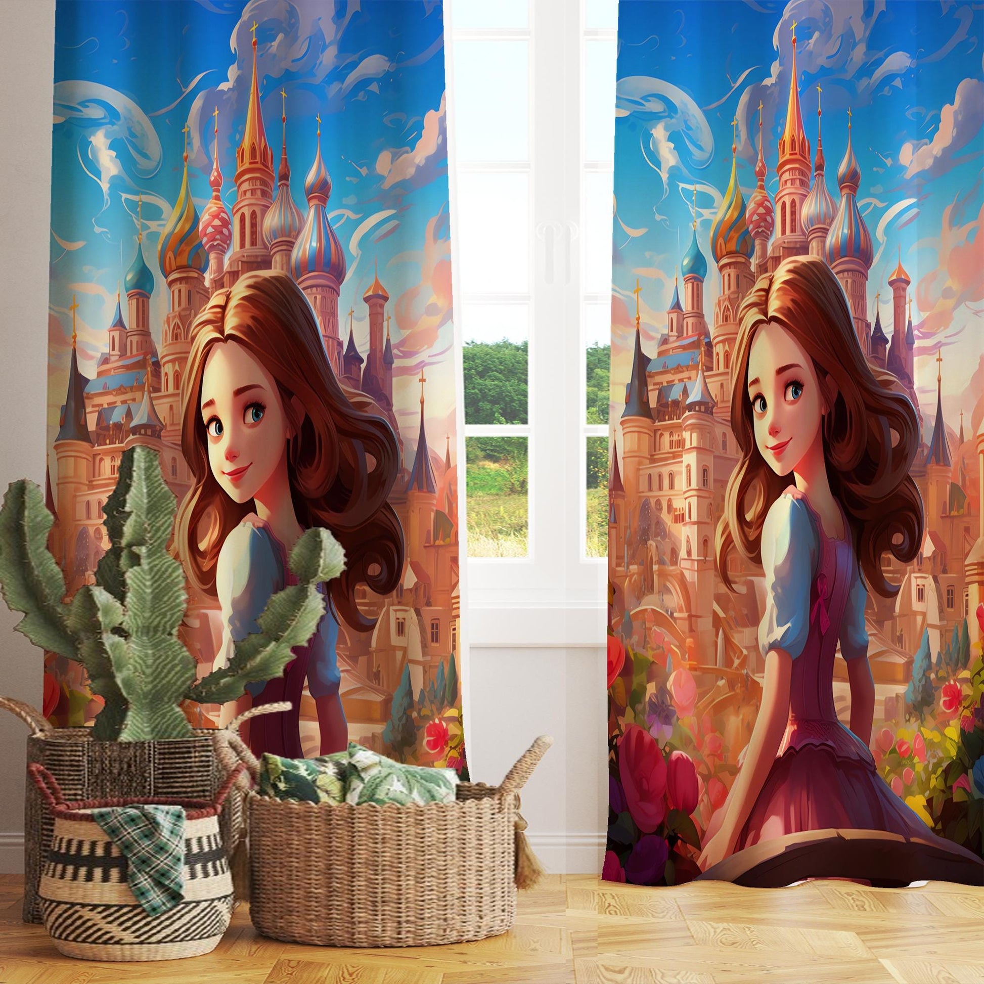Medieval Princess Castle Curtains for Girls Bedroom, Custom Size Window Drapes, Nursery Decor & Gift Pillow Case