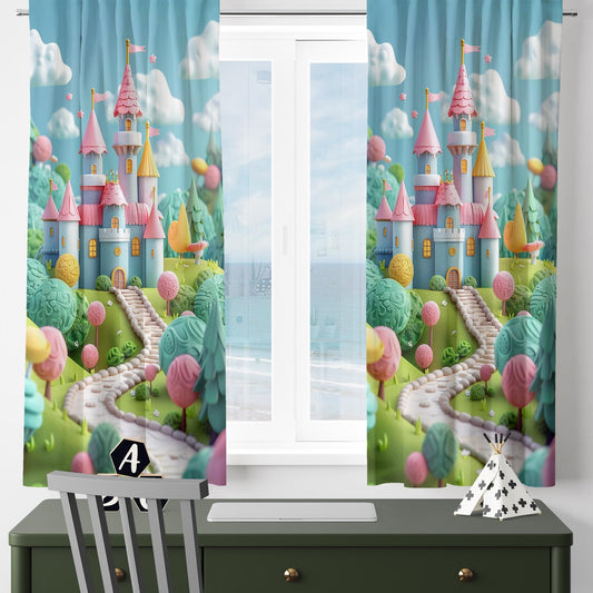 Colorful Medieval Castle Curtains for Girls Bedroom, Custom Size Window Drapes, Nursery Decor & Gift Pillow Case