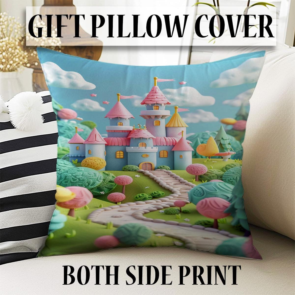 Colorful Medieval Castle Curtains for Girls Bedroom, Custom Size Window Drapes, Nursery Decor & Gift Pillow Case
