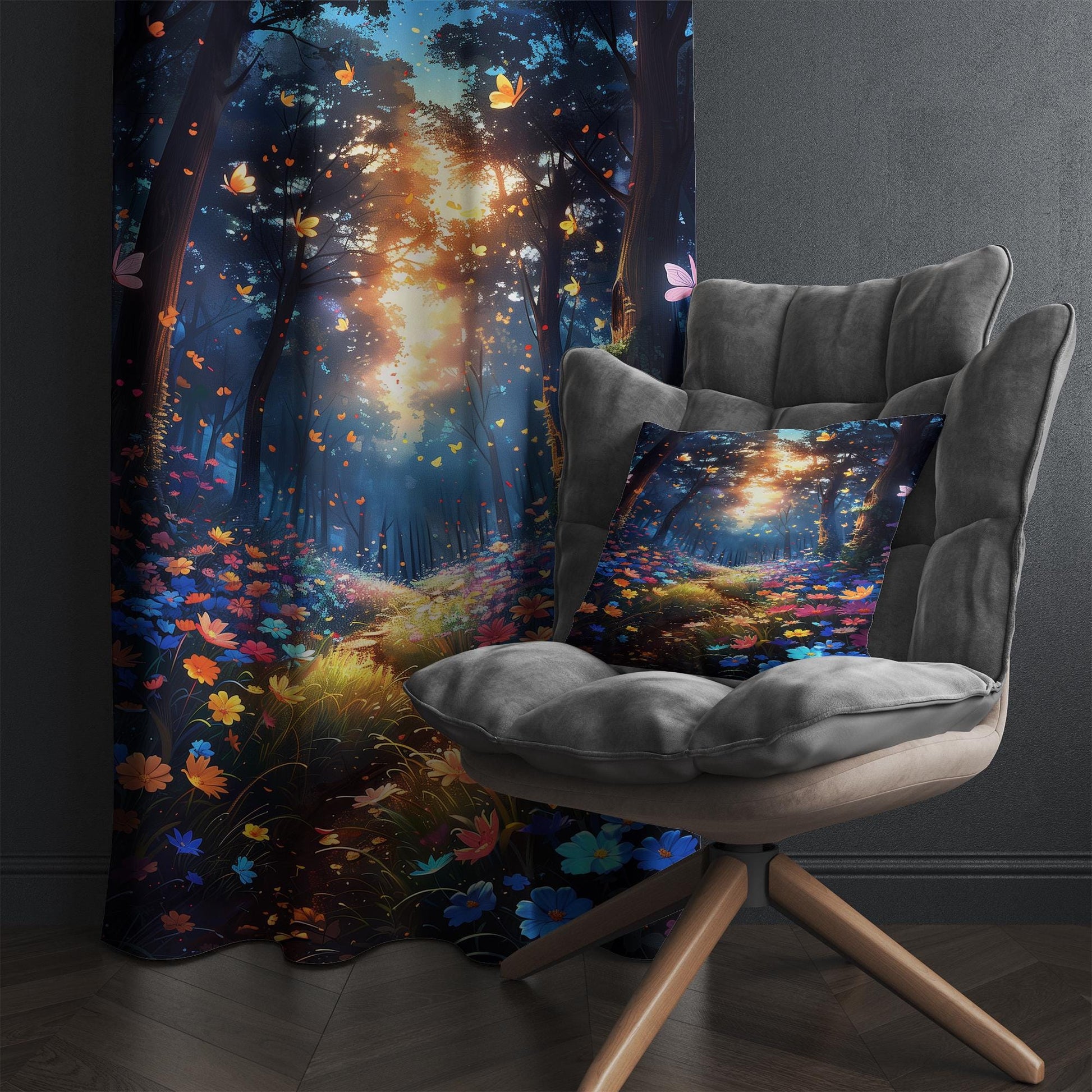 Colorful Flowers Forest Path Curtains for Girls Room, Custom Size Window Drapes & Gift Pillow Covers, Landscape Scenery Decor
