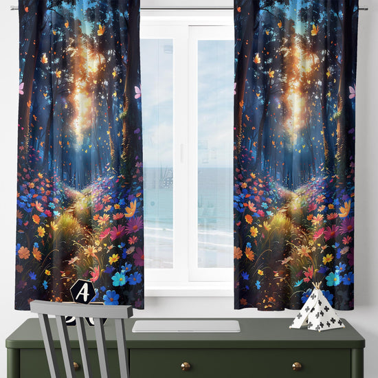 Colorful Flowers Forest Path Curtains for Girls Room, Custom Size Window Drapes & Gift Pillow Covers, Landscape Scenery Decor