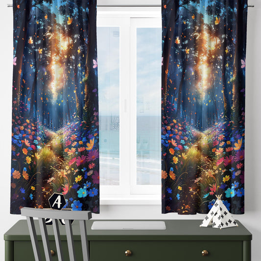Colorful Flowers Forest Path Curtains for Girls Room, Custom Size Window Drapes & Gift Pillow Covers, Landscape Scenery Decor