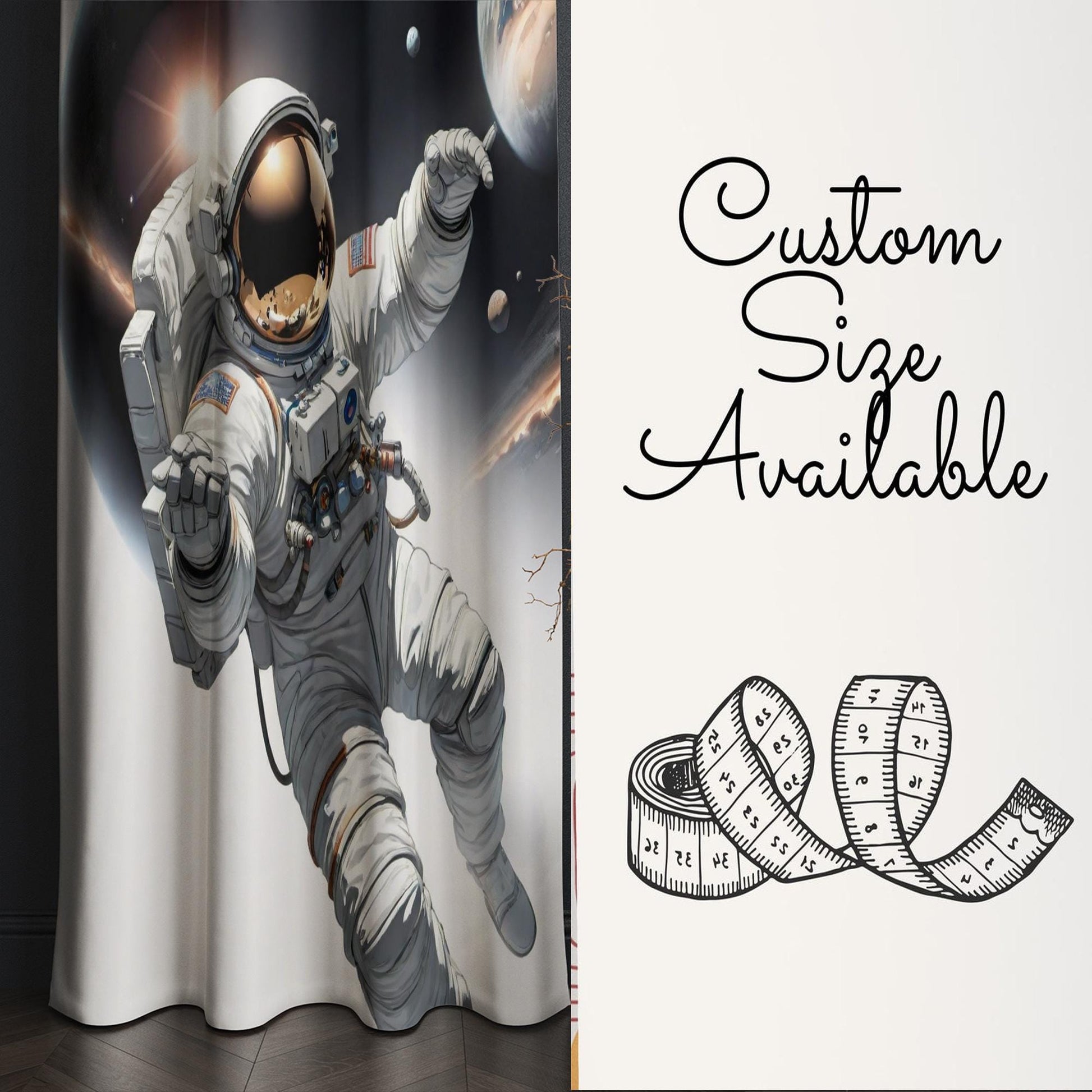 Space Astronaut Moon Curtain for Boys Room, Custom Size Window Drapes & Gift Pillow Cover, Kids Space Nursery Decor