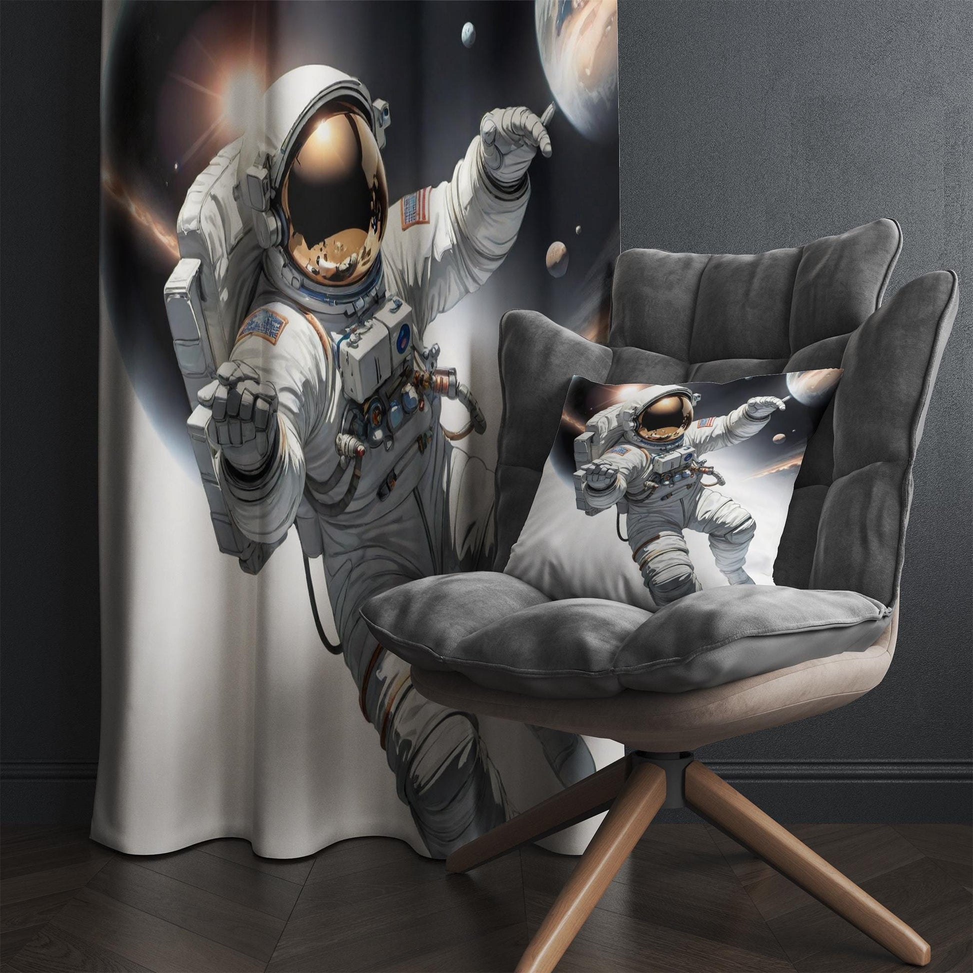 Space Astronaut Moon Curtain for Boys Room, Custom Size Window Drapes & Gift Pillow Cover, Kids Space Nursery Decor