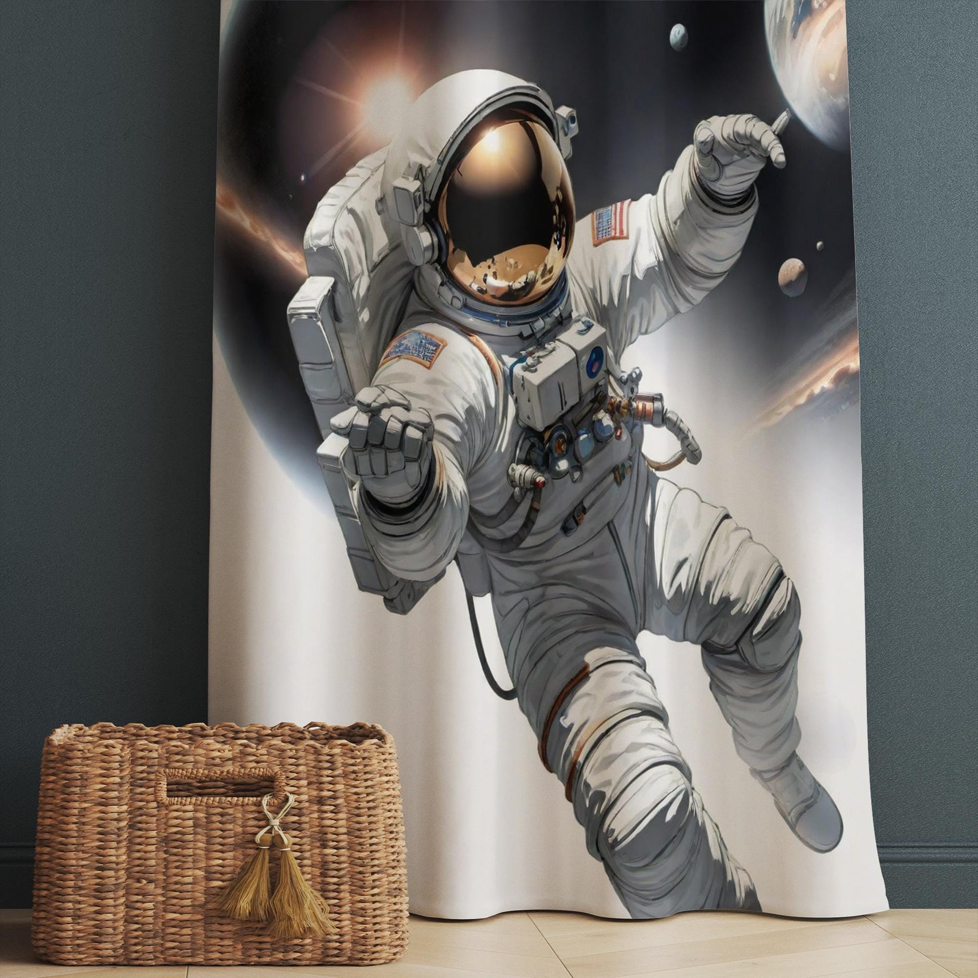 Space Astronaut Moon Curtain for Boys Room, Custom Size Window Drapes & Gift Pillow Cover, Kids Space Nursery Decor