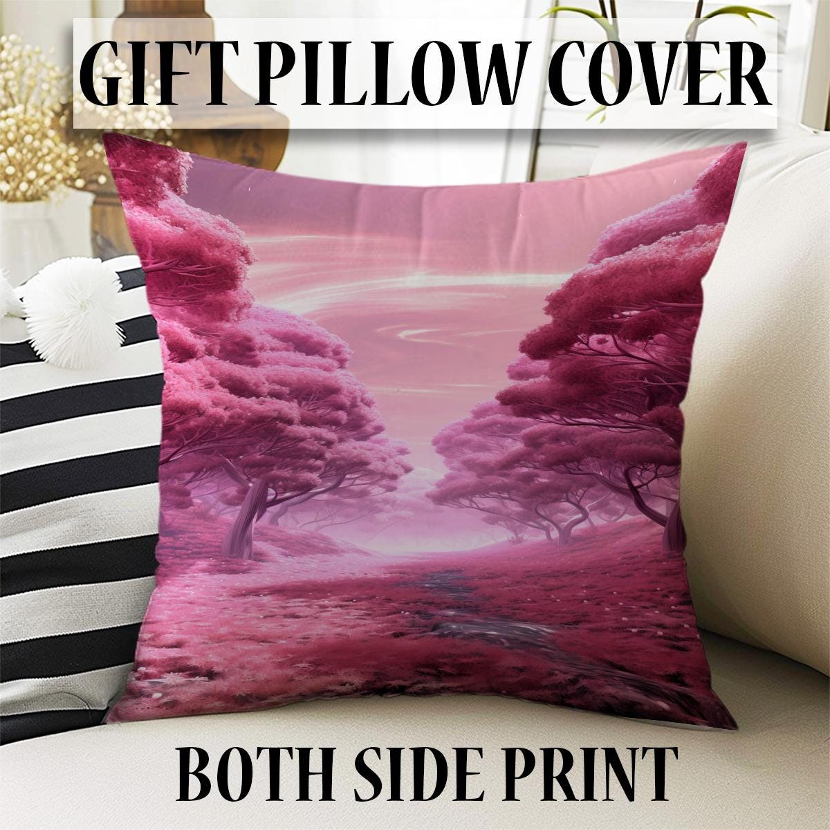 Pink Trees Forest Path Curtains for Girls Room, Floral Window Drapes, Custom Size Kids Nursery Decor & Gift Pillow Covers
