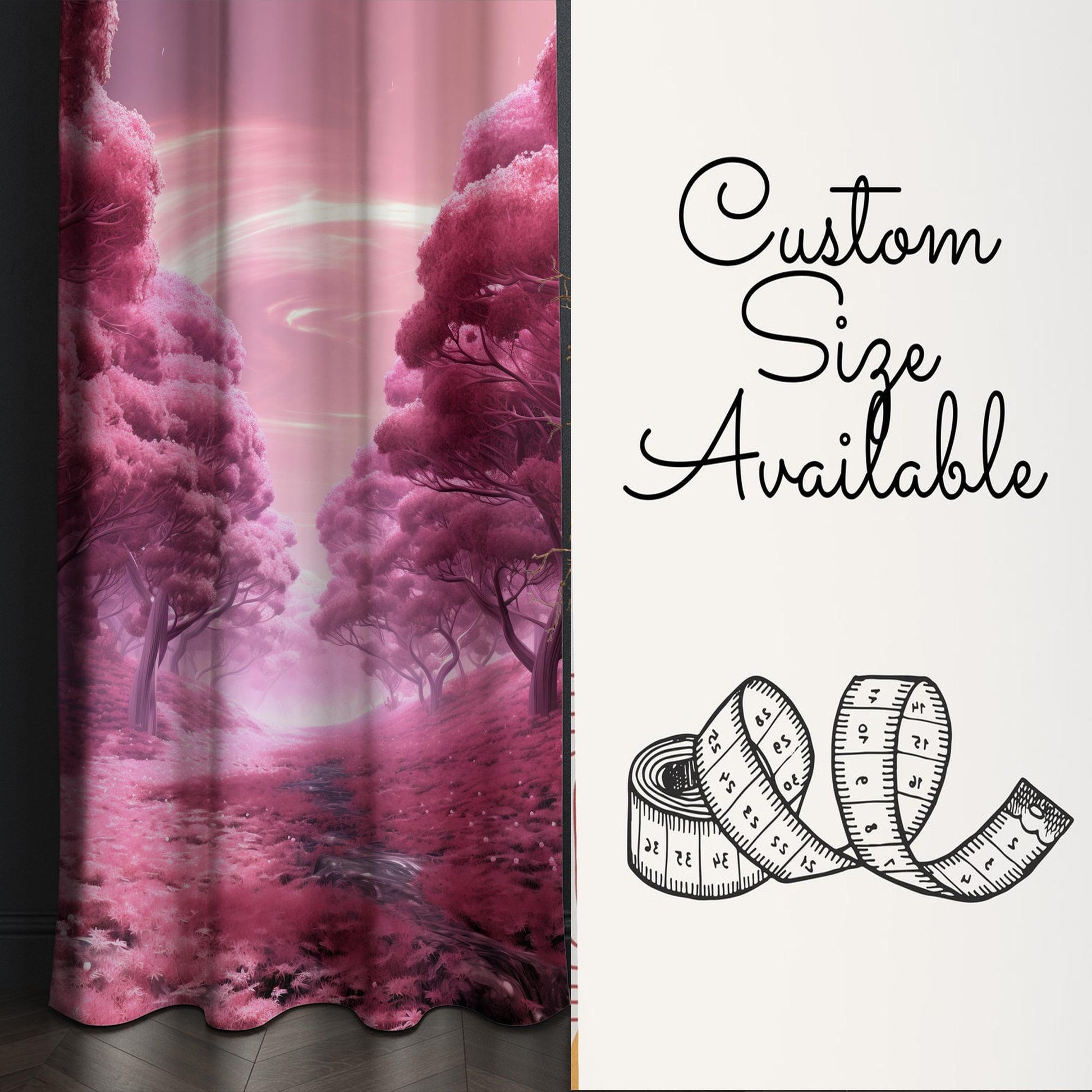 Pink Trees Forest Path Curtains for Girls Room, Floral Window Drapes, Custom Size Kids Nursery Decor & Gift Pillow Covers