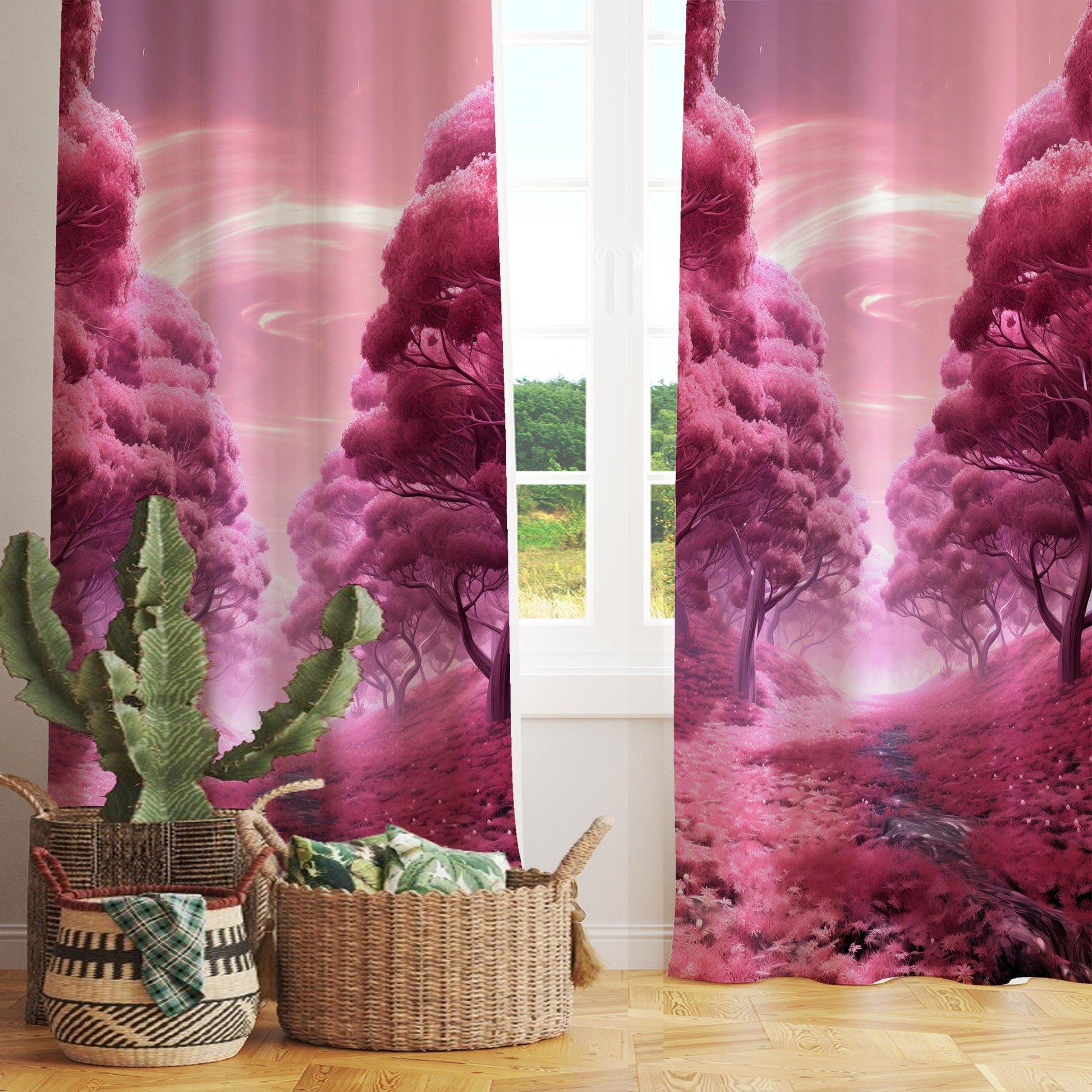 Pink Trees Forest Path Curtains for Girls Room, Floral Window Drapes, Custom Size Kids Nursery Decor & Gift Pillow Covers