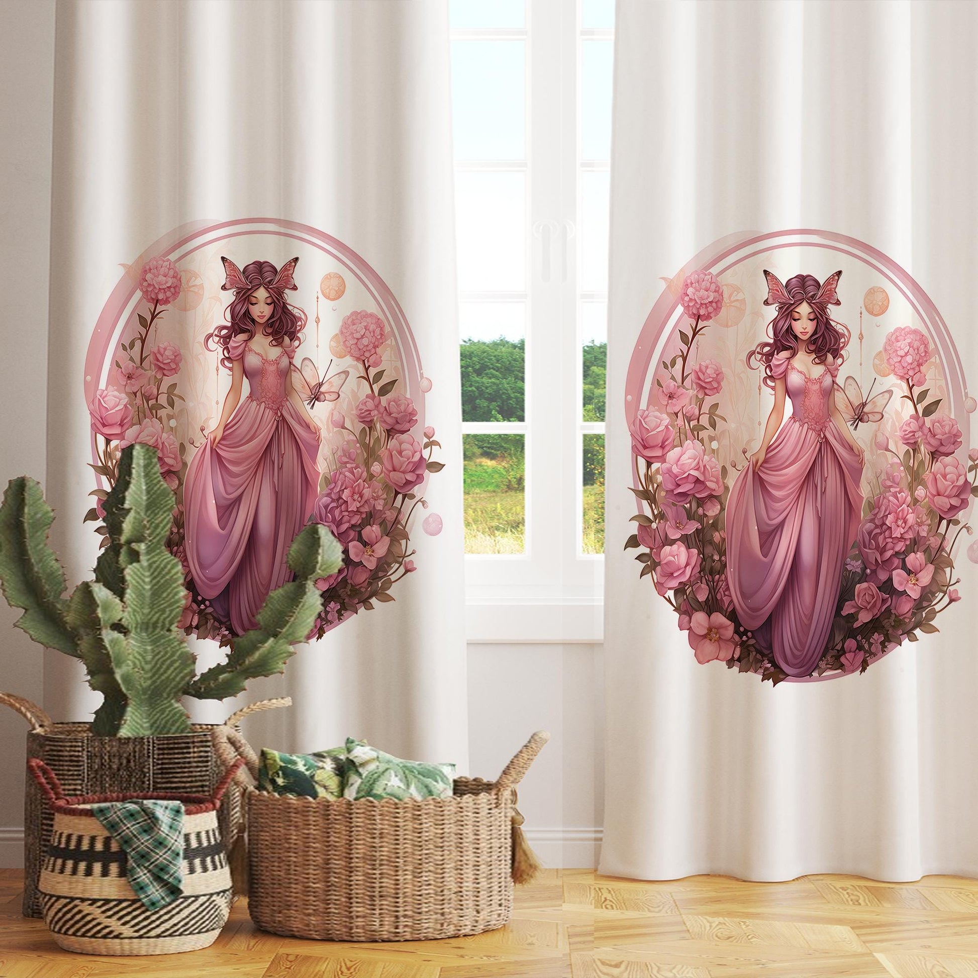 Pink Floral Curtains for Girls Room, Fairy Tale Princess Window Drapes, Custom Size Kids Nursery Decor & Matching Pillow Covers Gift