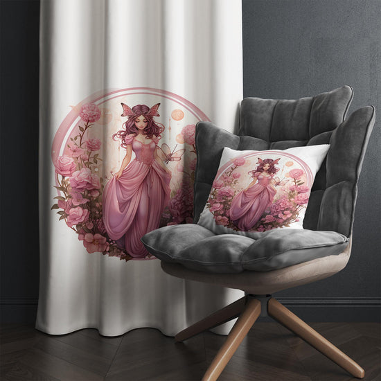 Pink Floral Curtains for Girls Room, Fairy Tale Princess Window Drapes, Custom Size Kids Nursery Decor & Matching Pillow Covers Gift