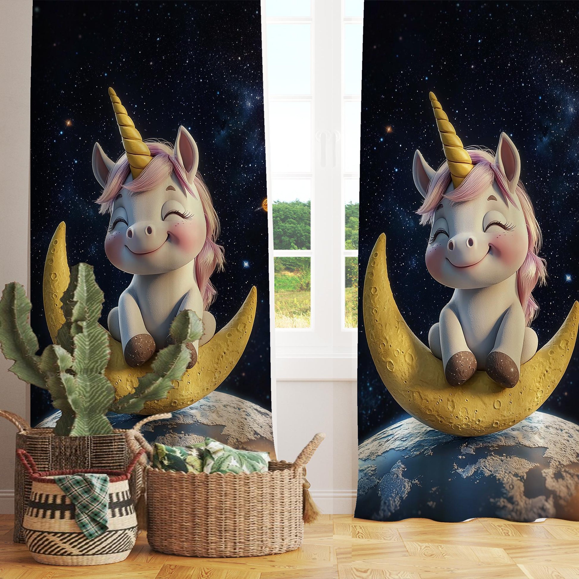 Baby Unicorn Curtains for Girls Room, Custom Size Window Drapes, Moon & Starry Night Decor, Kids Gift Pillow Cover, Nursery Window Treatment