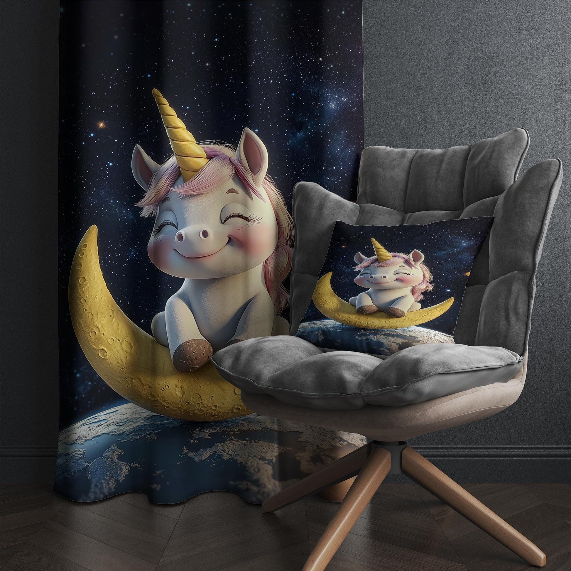 Baby Unicorn Curtains for Girls Room, Custom Size Window Drapes, Moon & Starry Night Decor, Kids Gift Pillow Cover, Nursery Window Treatment