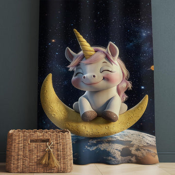 Baby Unicorn Curtains for Girls Room, Custom Size Window Drapes, Moon & Starry Night Decor, Kids Gift Pillow Cover, Nursery Window Treatment