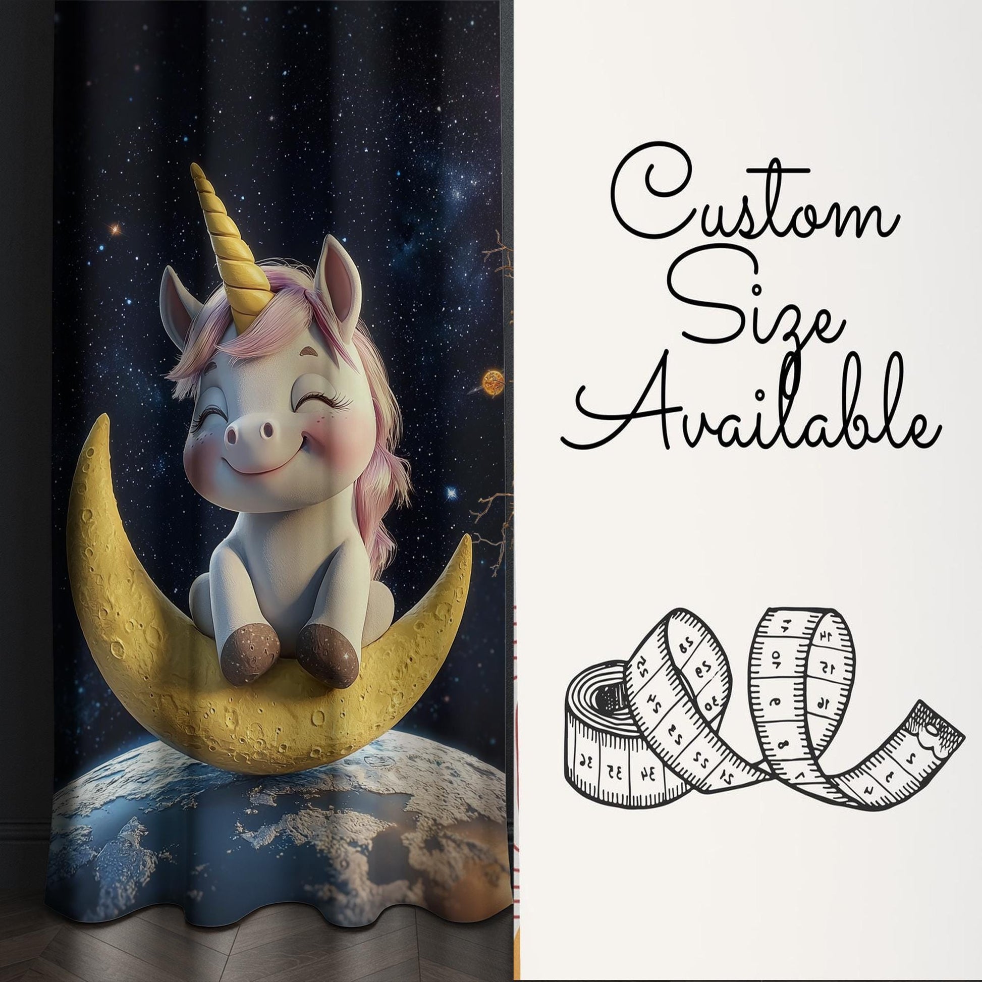 Baby Unicorn Curtains for Girls Room, Custom Size Window Drapes, Moon & Starry Night Decor, Kids Gift Pillow Cover, Nursery Window Treatment