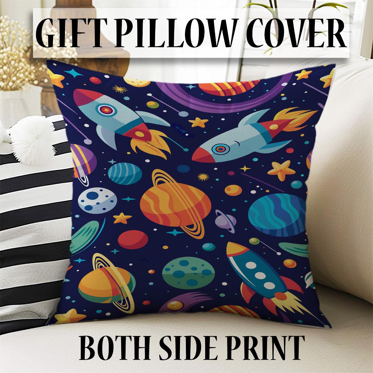 Space Galaxy Curtains for Kids Room, Custom Size Rocket & Stars Window Drapes, Room Decor with Matching Gift Pillow Case