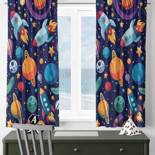 Space Galaxy Curtains for Kids Room, Custom Size Rocket & Stars Window Drapes, Room Decor with Matching Gift Pillow Case