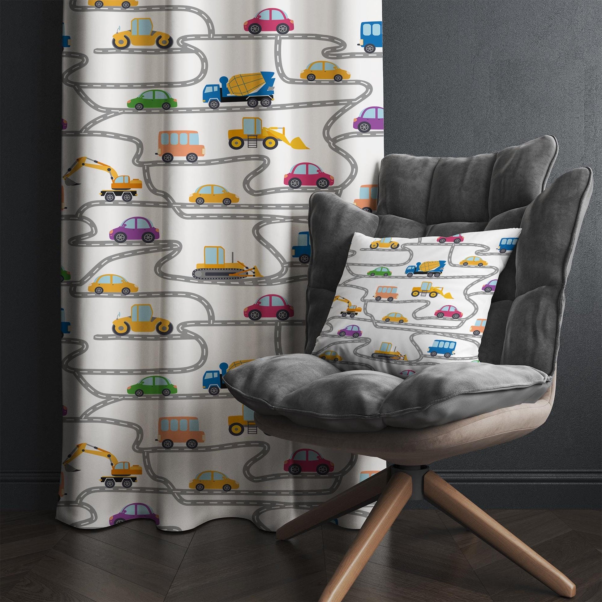 Construction Equipment Kids Nursery Curtains & Custom Size Window Drapes with Gift Pillow Covers for Boys Room