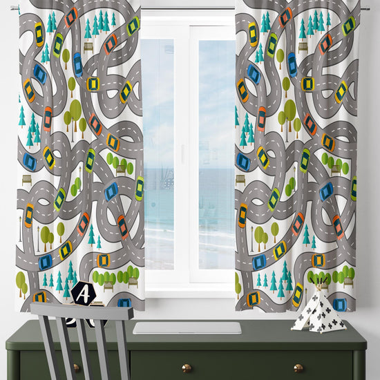 Cars Road City Map Kids Nursery Curtains & Custom Size Window Drapes with Gift Pillow Covers for Boys Room