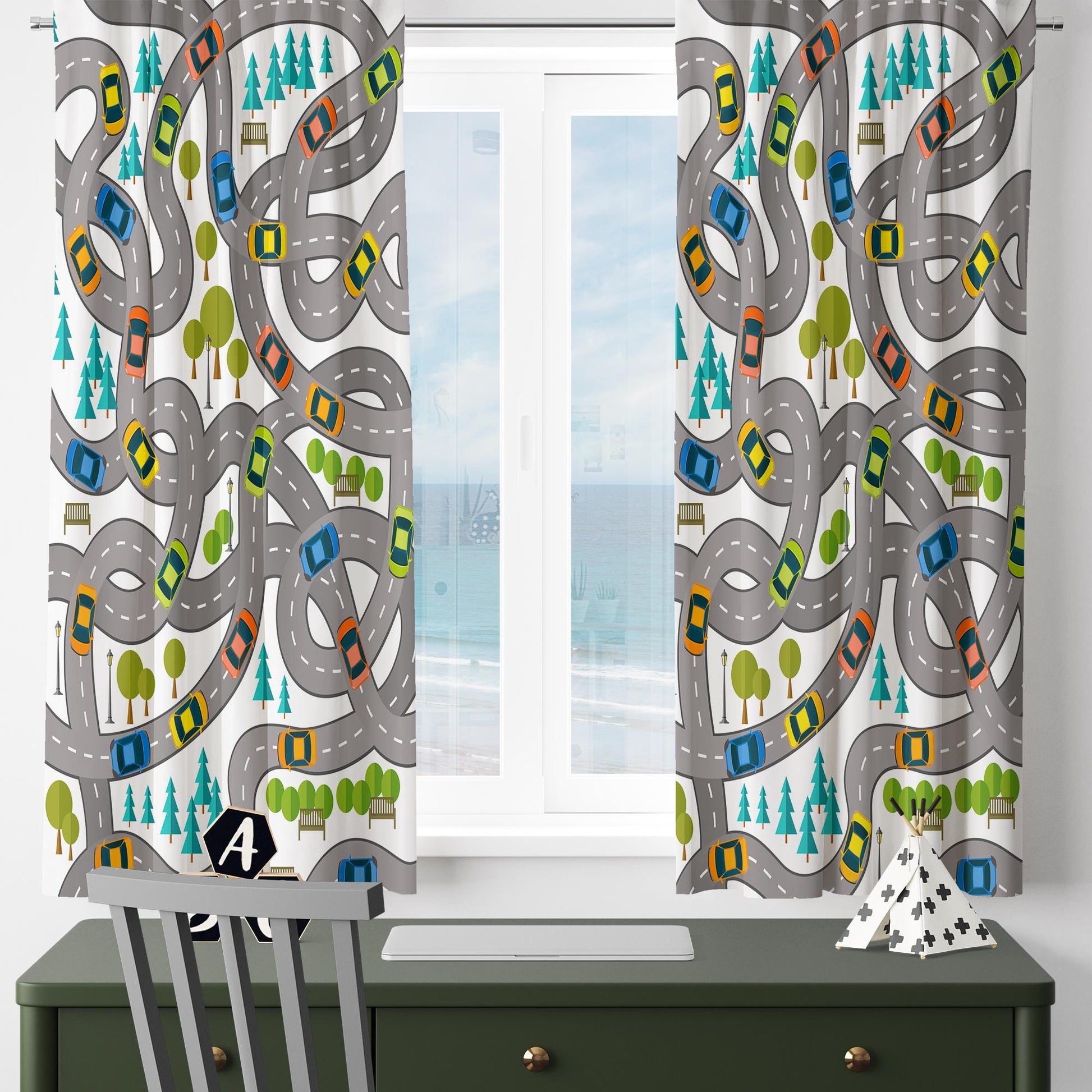 Cars Road City Map Kids Nursery Curtains & Custom Size Window Drapes with Gift Pillow Covers for Boys Room