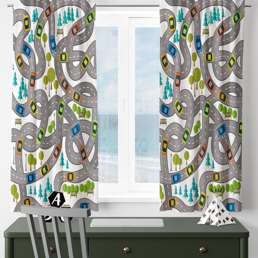 Cars Road City Map Kids Nursery Curtains & Custom Size Window Drapes with Gift Pillow Covers for Boys Room