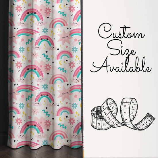 Pink Kids Nursery Curtains with Cute Rainbows & Stars, Custom Size Window Drapes for Girls Room Decor + Gift Pillow Covers