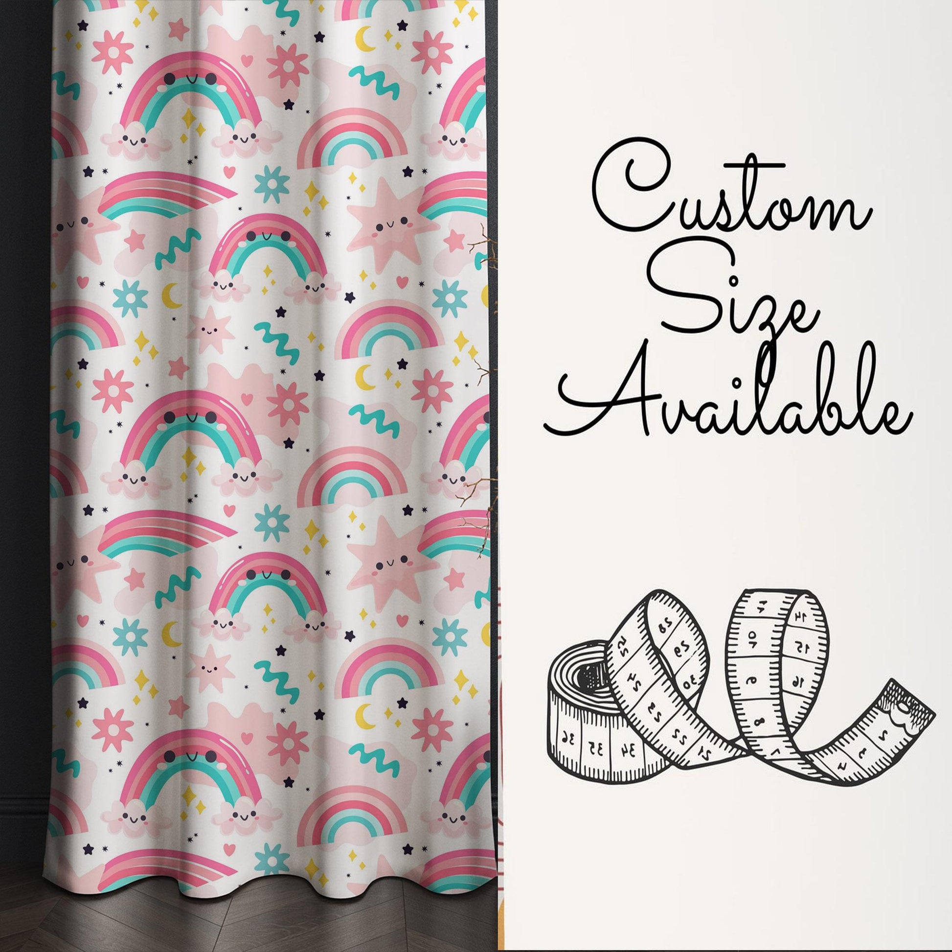 Pink Kids Nursery Curtains with Cute Rainbows & Stars, Custom Size Window Drapes for Girls Room Decor + Gift Pillow Covers