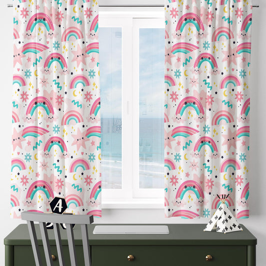 Pink Kids Nursery Curtains with Cute Rainbows & Stars, Custom Size Window Drapes for Girls Room Decor + Gift Pillow Covers