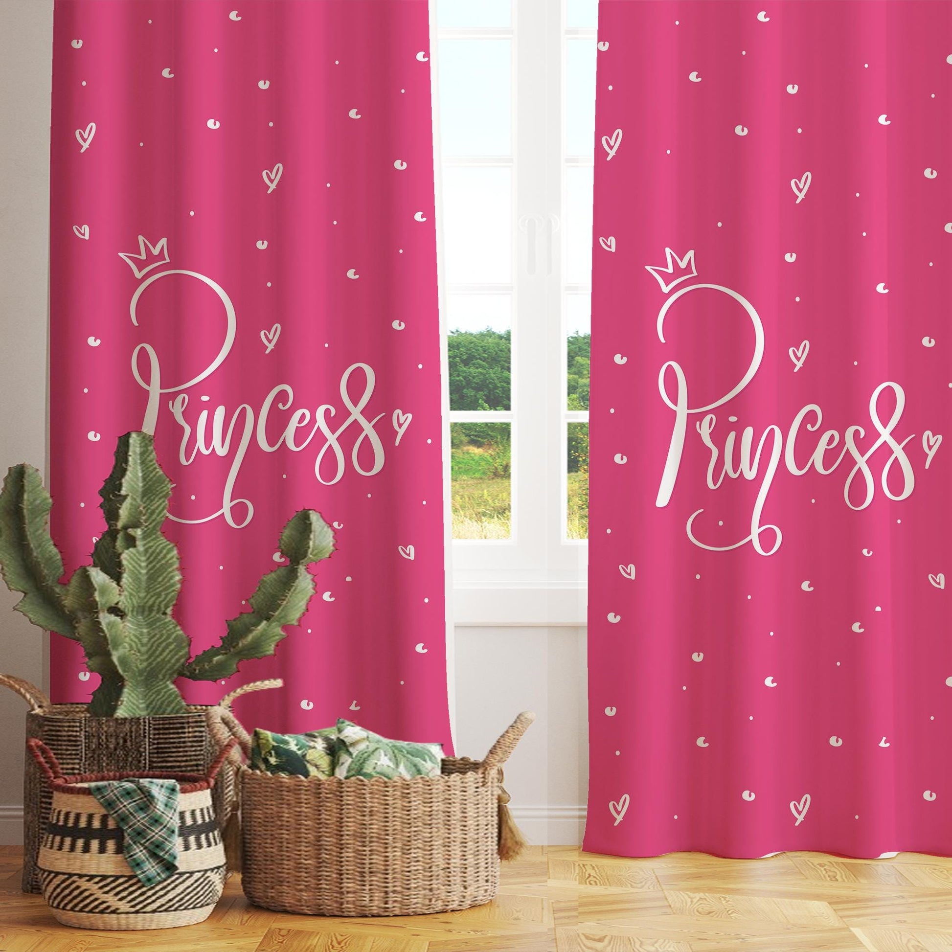 Pink White Princess Kids Nursery Curtains, Custom Size Drapes for Girls Room Decor, Gift Pillow Covers